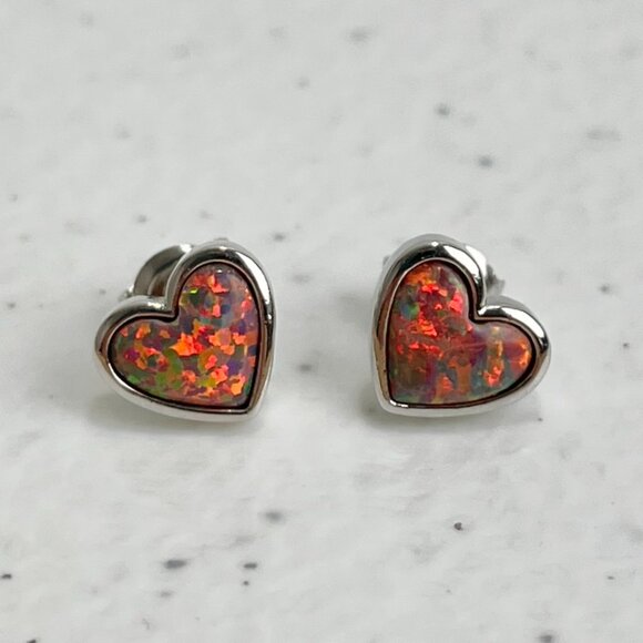 QVC Opal Earrings 925 Sterling Silver 10mm Posts Red Opals Heart Studs - Picture 2 of 12